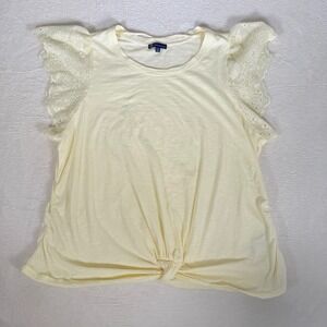 Democracy Yellow Front-Knot tee Boho Embroidered Eyelet Ruffle Sleeve Shirt 1X